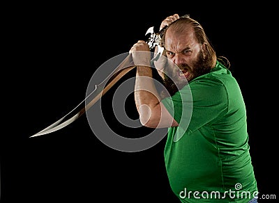 Angry bearded man with a sword