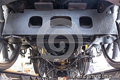 Antique locomotive, interesting view from underneath.