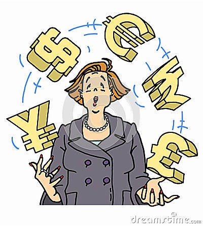 Anxious businesswoman juggling currency symbols
