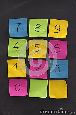 Arabic numerals on sticky notes and blackboard