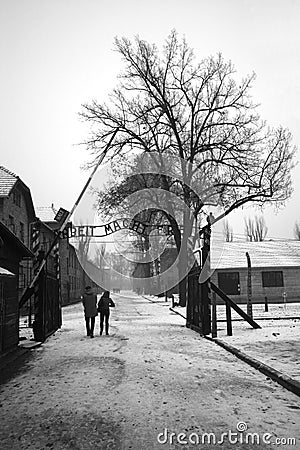 Arbeit Mach Frei (Work liberates) sing at german WWII prisoner camp Aushwitz, Poland