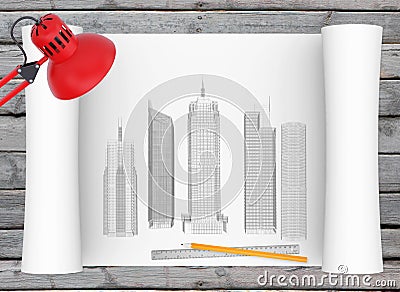 Architectural drawing and office supplies on the