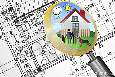 Architectural plan blueprint real estate business concept with magnifying glass lens happy family
