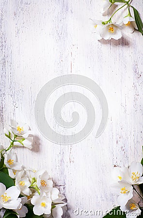Art spring flowers frame on old wood background
