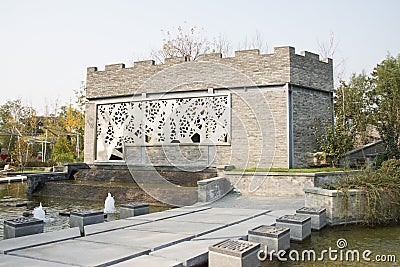 In Asia, Beijing, China, Expo Garden, antique buildings, pavilions, terraces and open halls,