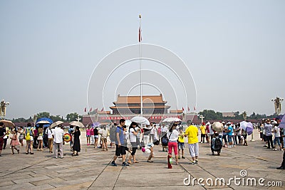 Asian Chinese, Beijing, The Tian anmen Rostrum, the national flag pole