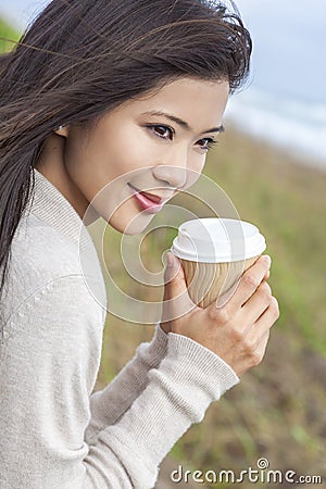 Asian Chinese Woman Girl Drinking Coffee Outside