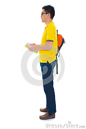 Asian college student with bag isolated on white background
