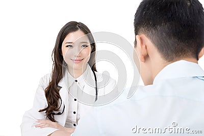 Asian doctor woman talking to a man