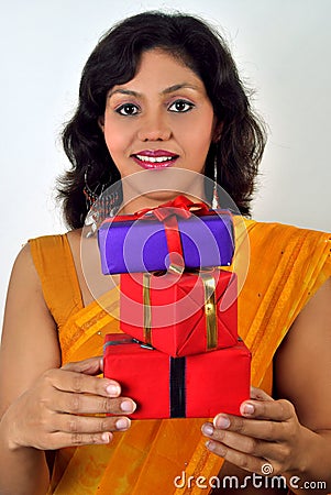 Asian Indian woman with gifts