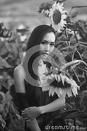 Asian model in sunflowers