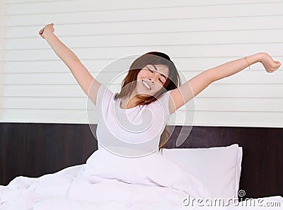 Asian Woman Teenager Wake Up And Relaxation In Bed Royalty Free Stock ...