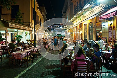 ATHENS-AUGUST 22: Street with various restaurants and bars on Plaka area, near to Monastiraki Square on August 22, 2014 in Athens,