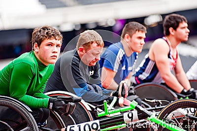 Athletes on wheelchairs in London 2012 stadium