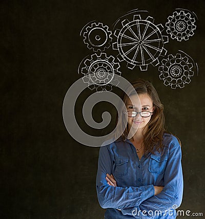 Woman thinking with turning gear cogs or gears