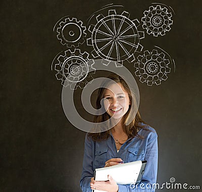 Woman thinking with turning gear cogs or gears