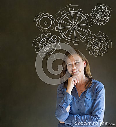 Woman thinking with turning gear cogs or gears
