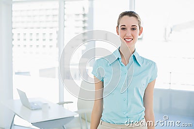 Attractive businesswoman wearing blue blouse posing in her office