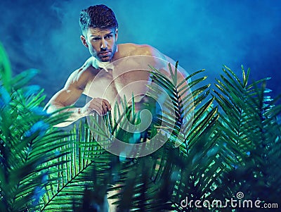 Attractive muscular man in the jungle