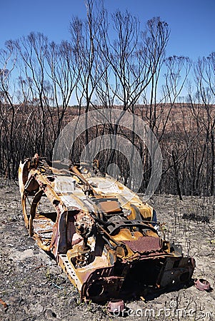 Australia bush fire: burnt car wreck