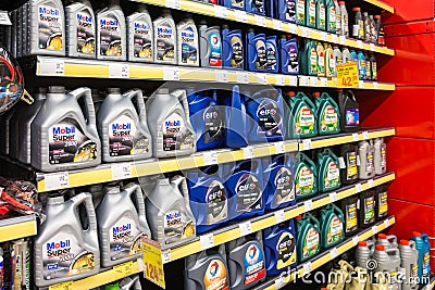 Automobile Motor Oil On Supermarket Shelf