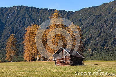 Autumn alpine landscape with a alpine hut