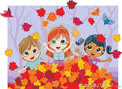 Autumn fun in a pile of leaves