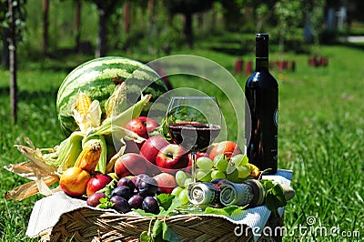 Autumn harvest: seasonal fruits and red wine