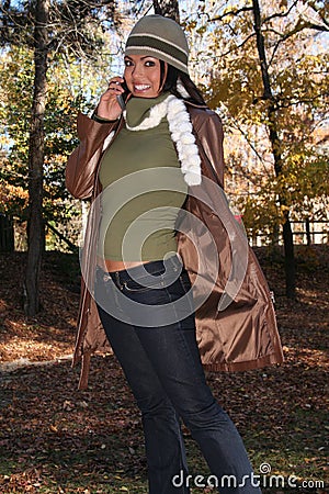 Autumn Scene Fall Woman With Cell Phone