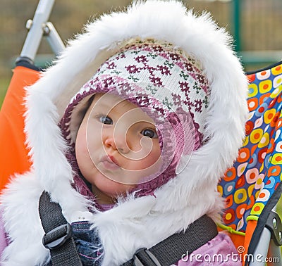 Baby in a buggy with safety straps.