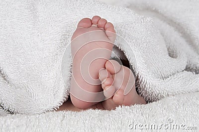 Baby feet covered in a white towel