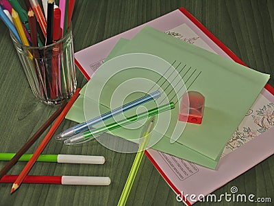Back to school concept. School stationery set on t