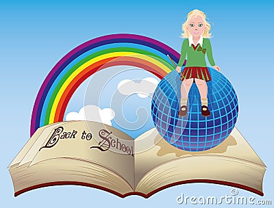 Back to School. Little schoolgirl with globe and old book