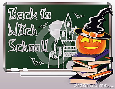 Back to Witch School. Invitation card with books and pumpkin