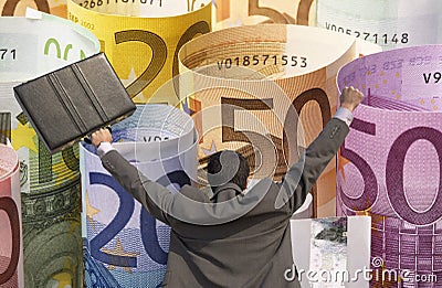 Back view of victorious businessman with briefcase against rolled up Euros
