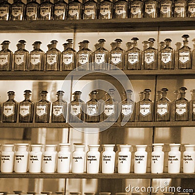 Background of vials with drug Latin names labels
