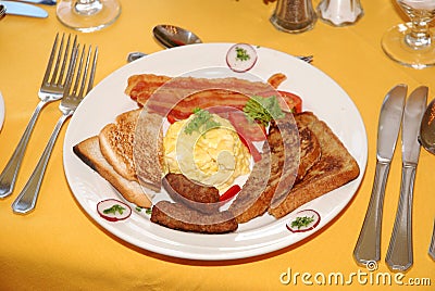 Bacon, Scrambled Eggs, Sausage, Toast - Breakfast