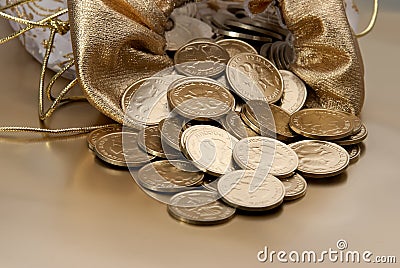 Bag with gold coins on a gold background