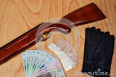 Bags of drugs, polish money and gun