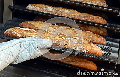 Baker taking a loaf of freshly baked bread from the oven