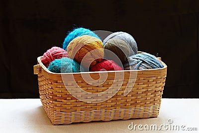 Balls of knitted wool in basket