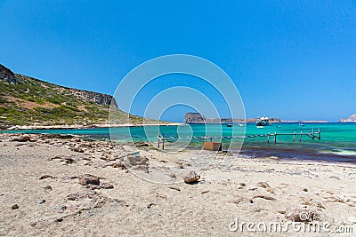 Balos beach, bridge and Passenger Ship.Crete in Greece.Magical turquoise waters, lagoons, beaches of