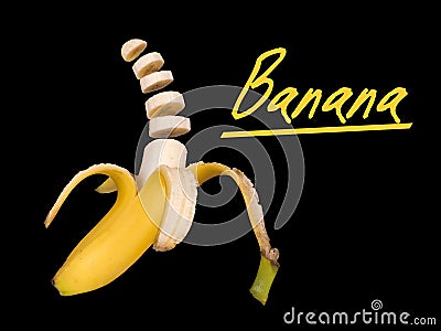 Banana isolated over black - peeled and sliced
