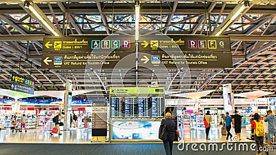 BANGKOK - APRIL 4 Passengers checking the flight schedule on airport charts at Suvarnabhumi Airport , on 4 April, 2014 in Bangkok