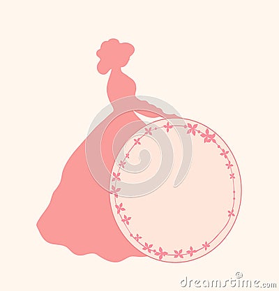 Banner with romantic woman and round floral frame Retro template design in vintage style for cards, labels