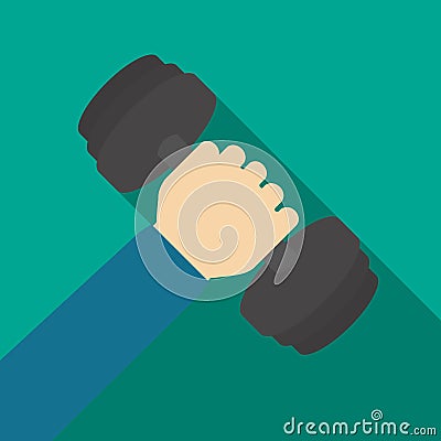 Barbell in hand in flat design on background