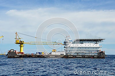 Barge and tug boat in open sea,Oil and gas platform in the gulf or the sea, The world energy, Offshore oil and rig construction