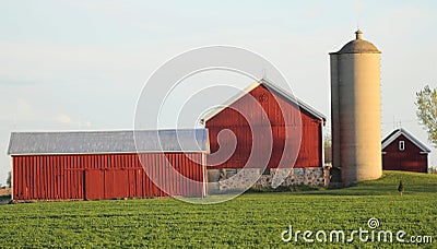 A Barn and Farm House with Green Field