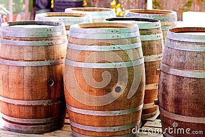 Barrels of oak wood for wine or liquor