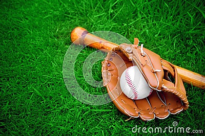 Baseball bat, ball and glove